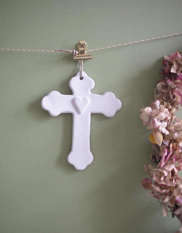 Croix trilobée «Cœur» céramique - Catho Rétro