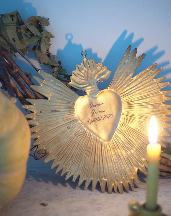 Ex-voto Mural Décoratif, Cœur Sacré Doré Rayonnant, Statue Catholique