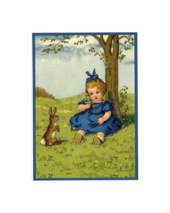 Carte Postale De Paques Pailletee Lapin Et La Jeune Fille Catho Retro